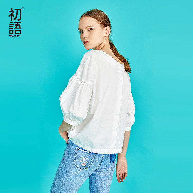 Toyouth New Autumn Korean White Lantern Sleeves Blouses Women O-Neck Loose Female Shirts Letter Cotton Blouse Camisas Mujer