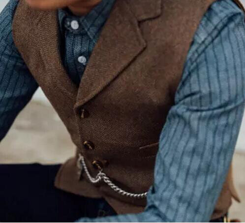Men's Suit Vest Boutique Wool Tweed Slim Fit herringbone Leisure Male Gentleman Beckham Business Waistcoat For Wedding Groommen