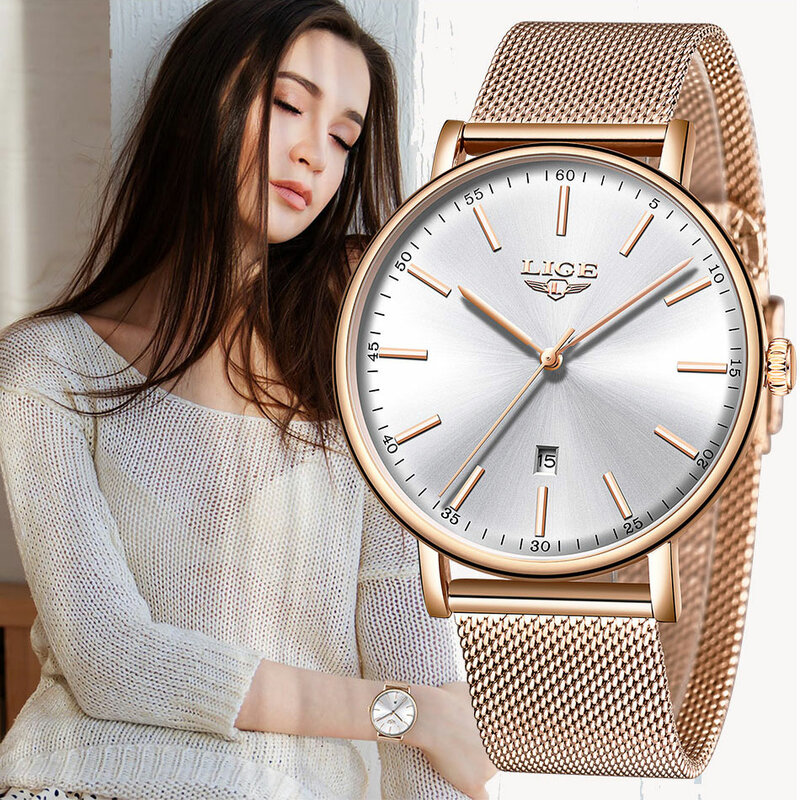 LIGE-Relógio de pulso feminino impermeável de aço inoxidável, ultra fino, casual, marca de topo, luxo, moda