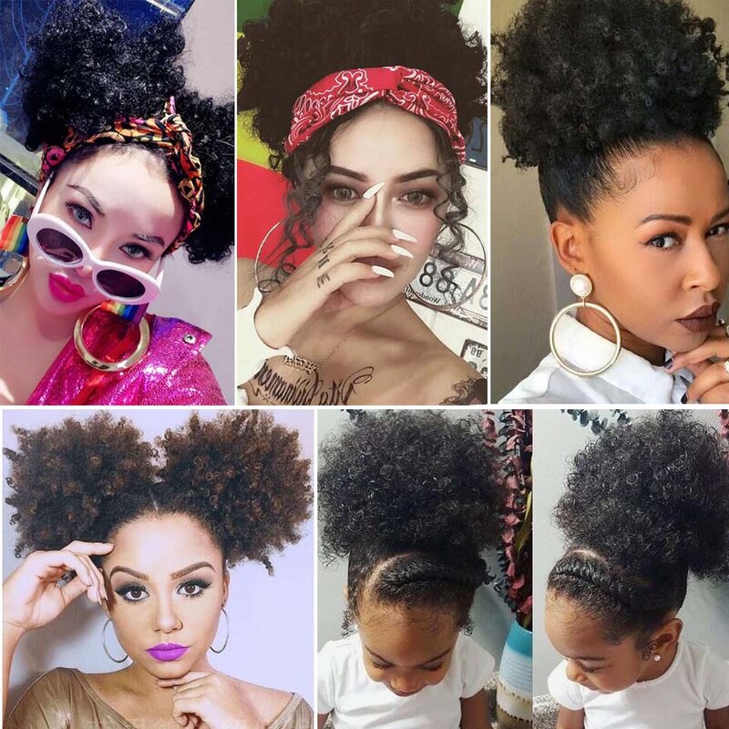 High Afro Puff Ponytail Drawstring Chignon Hairpiece Short Synthetic Kinky Curly Fake Hair Bun Updo Clip in Hair Extensions