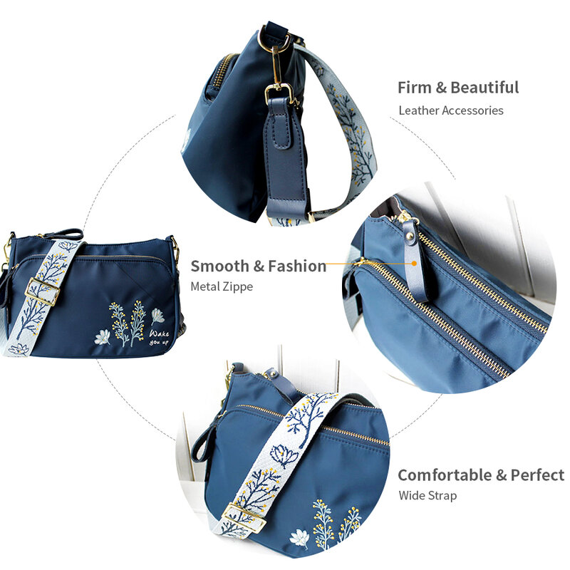 Женская нейлоновая Повседневная сумка-мессенджер с цветочной вышивкой и широкими лямками для повседневной носки