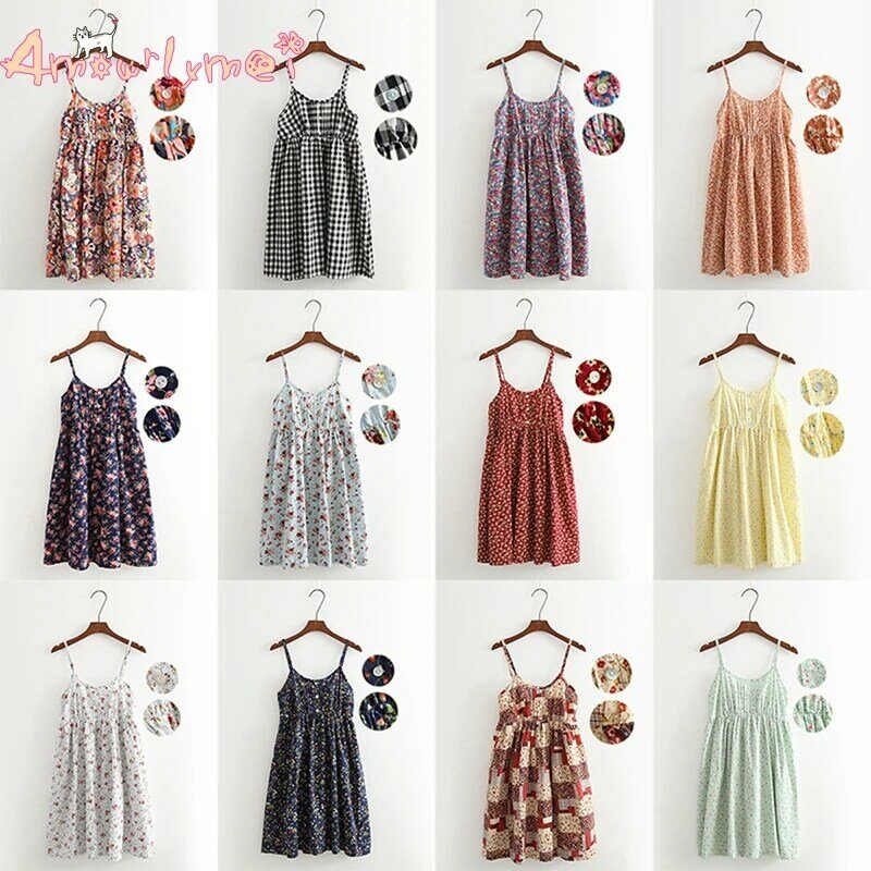 Amourlymei Hot Sale 100%Cotton Japanese Summer Women Sweet Cute Floral Print Spaghetti Strap Basic Bottom Dress Mori Girl Lolita