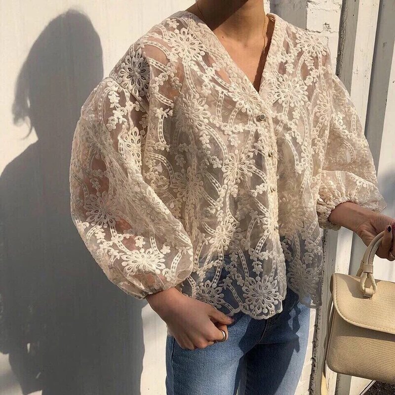 Rebicoo V-neck Women Shirt Wild Fashion Casual Lace Embroidered Blouses and Tops Female Summer and Spring New  Shirts