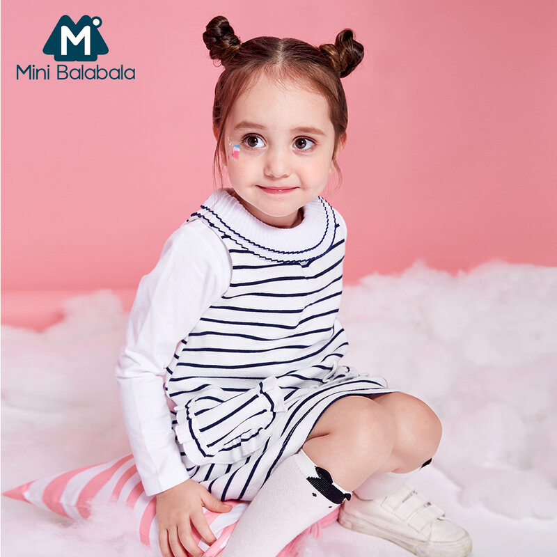 MiniBalabala dzieci dziewczyna bez rękawów sukienka w paski maluch dziewczyna moda bawełna sukienki A-line z kieszeni odzież dla dzieci ubrania