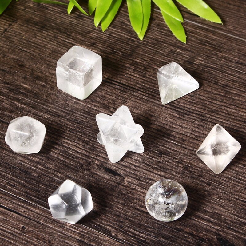 7pcs Clear Quartz Crystal Gem Stones Platonic Solids Sacred Geometric Healing Reiki Stone Carved Crafts Jewelry Making 18-25 mm