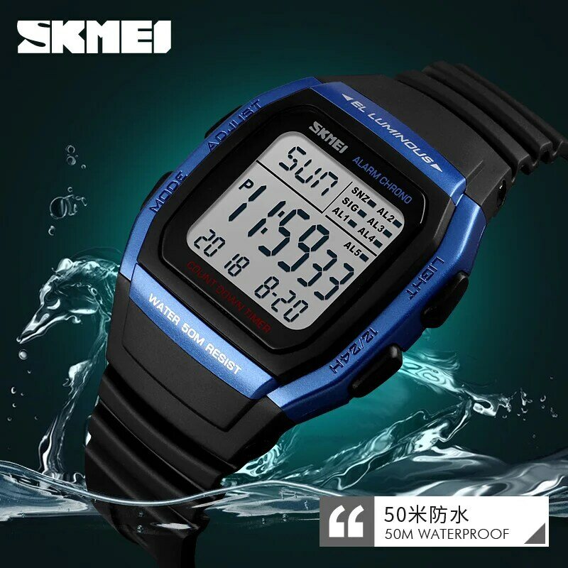 SKMEI Men Sport Digital Watch Week Display 5Bar Water Resistant Wristwatch LED Chronograph Back Light Auto Date Alarm Clock 1278