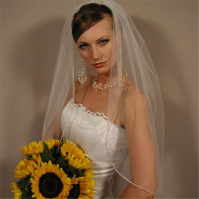 Crystal Edge 1 Layer Wedding Veil Elleboog Lengte Bridal Veil In Wit, Ivoor