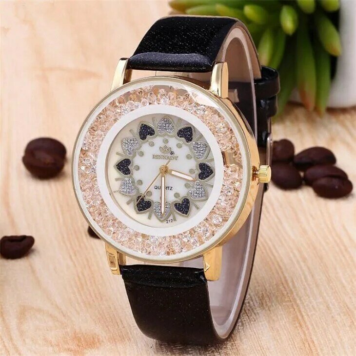 MINHIN Charme Senhoras Grande Mostrador Relógios Tendência Venda Amor Do Projeto Do Coração de Cristal Mulheres Relógios de Ouro relógios de Pulso de Quartzo de Couro