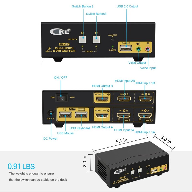HDMI KVM 스위치 듀얼 모니터 확장 디스플레이, CKL USB KVM 스위치, 오디오 및 HDMI 출력 2 개, PC 모니터 키, 2 포트, 4K @ 30Hz