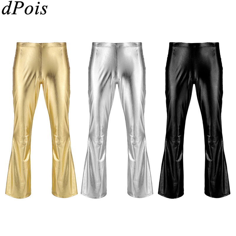 Мужские брюки в стиле диско с металлическим низом и колокольчиком, танцевальные брюки для выступлений, блестящие расклешенные длинные штаны, мужские костюмы для концерта, вечерние