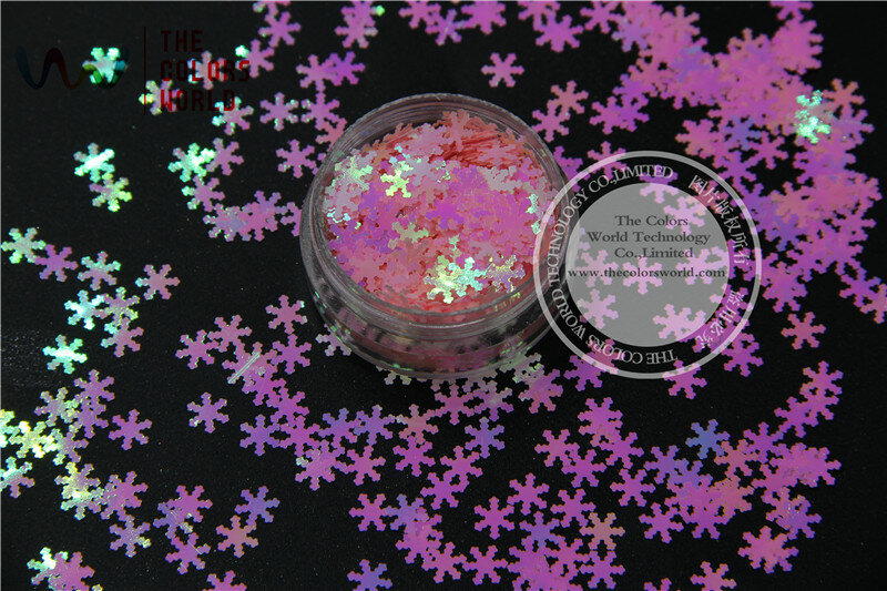 TCI18 blanco iridiscente nacarado con colores de luz roja, forma de copo de nieve, brillo de tamaño de 6mm para arte de uñas u otra decoración DIY