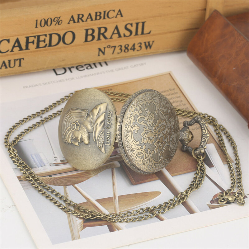 Iran Cyrus Souvenir Pocket Watch Bronze Necklace Chain Full Hunter Pendant Fob Chain Old Fashioned Pocket Clock for Men Women