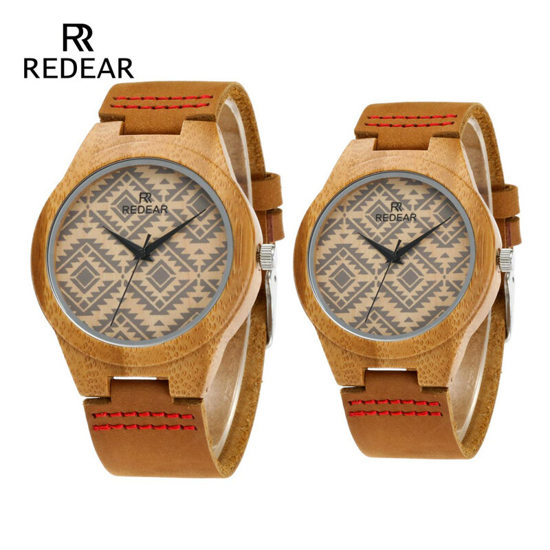 REDEAR Free shipping Lover's Bamboo Watches Retro Special Wavy Lines Women Watch Real Leather Watch Strap Birthday Gifts