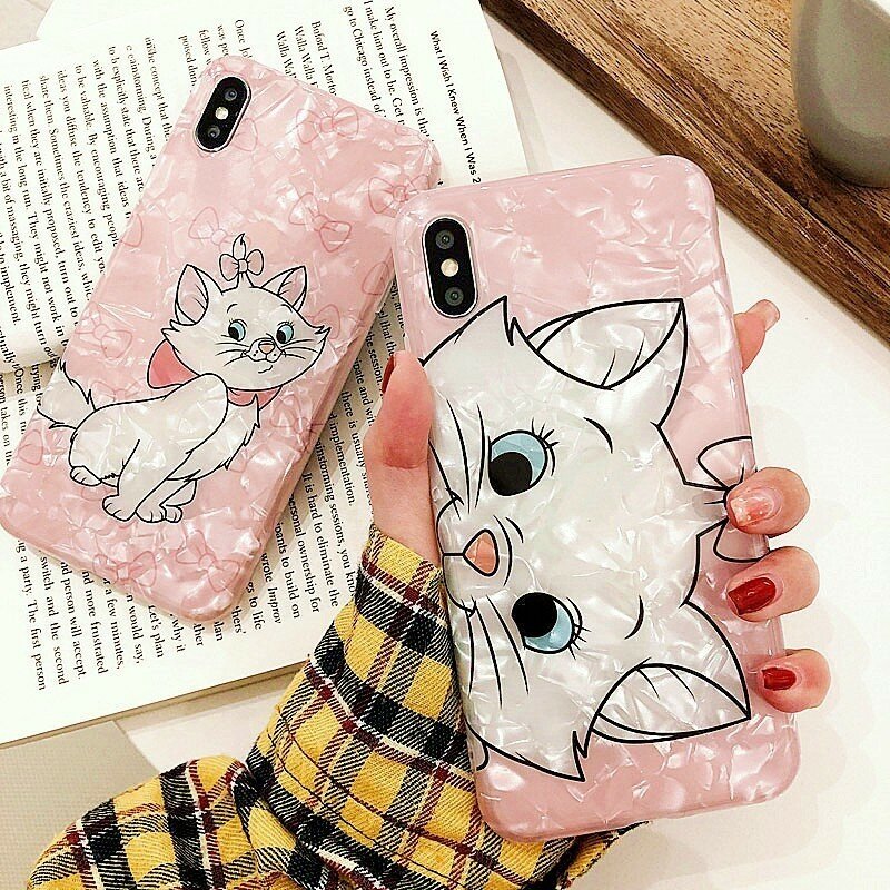 Bonito gato rosa marie caso de telefone para iphone 7 xs max xr x 6 8 mais adorável engraçado dos desenhos animados brilhante concha de mármore capa macia