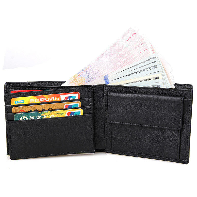 Italian Style Men Purse Short Black Horizontal Genuine Leather Wallet Man Card Holder Purse With Coin Pocket 264-48