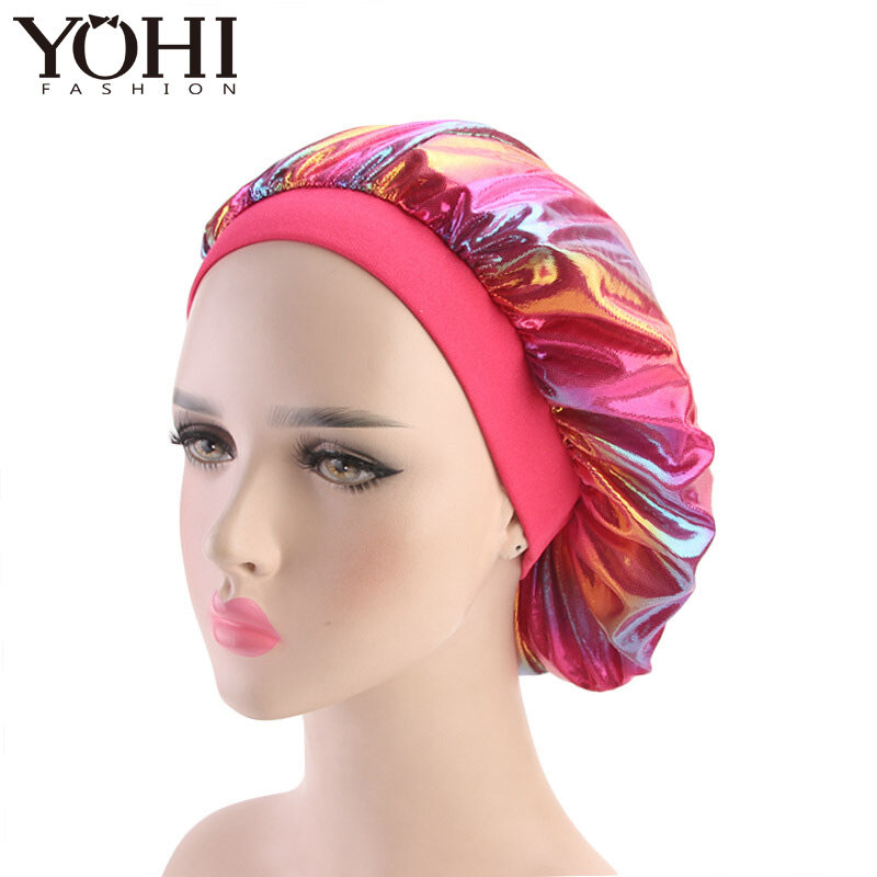 Touca de cetim feminina, boné várias cores de alta elasticidade com face larga para quimioterapia
