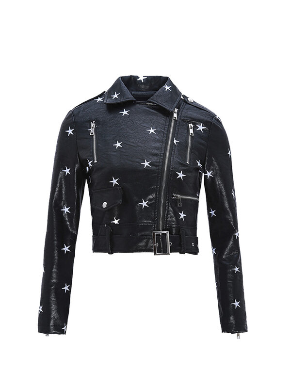 Fashion brand short style stars pattern embroidery pu leather jackets female elegant balck long sleeve leather jacket wq670