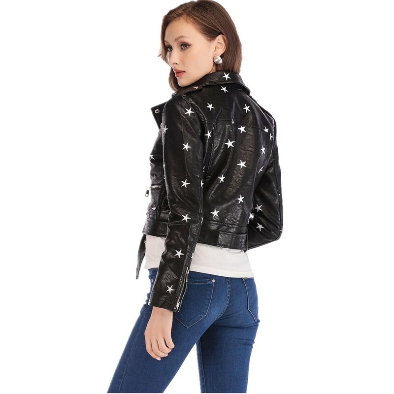 Marchio di moda stile corto stelle modello ricamo giacche in pelle pu femminile elegante giacca in pelle a maniche lunghe nera wq670