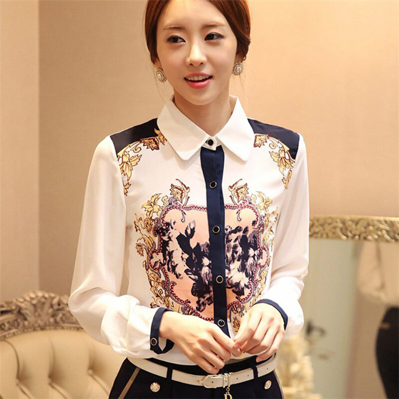 새로운 한국 여성 블라우스 봄 보터밍 셔츠 프린트 쉬폰 긴팔 흰색 셔츠, 큰 블라우스 여성 탑 2018