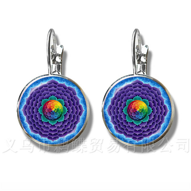 Enamel Mandala Lotus Earrings Henna Yoga Stud Earrings For Women Girls Charm Art Picture OM Symbol Buddhism Zen Jewelry