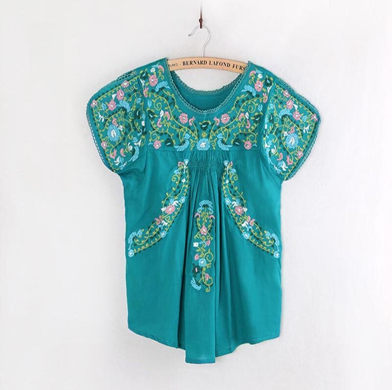 Women Vintage Hippie Oaxacan Mexican BOHO Blouse Floral Embroidered Ethnic Tunic COTTON Retro Tops Blouses Shirts Femme Blusas
