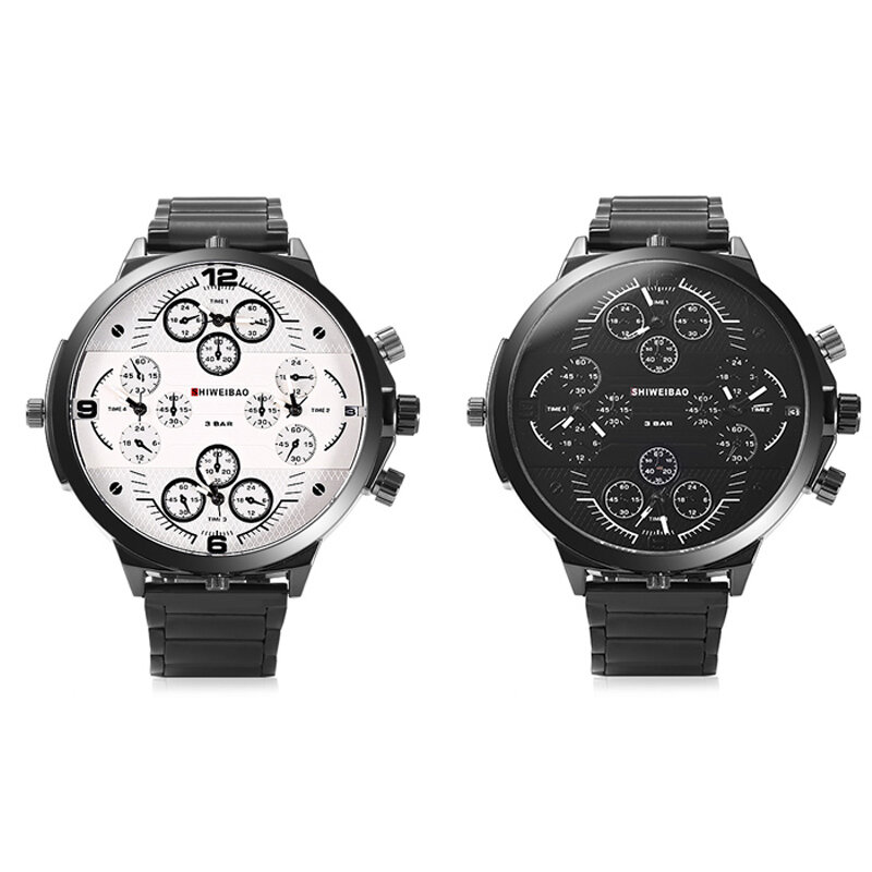 Часы мужские кварцевые в стиле милитари, модные повседневные наручные, с большим корпусом, с четырьмя часовыми поясами, с черным стальным браслетом