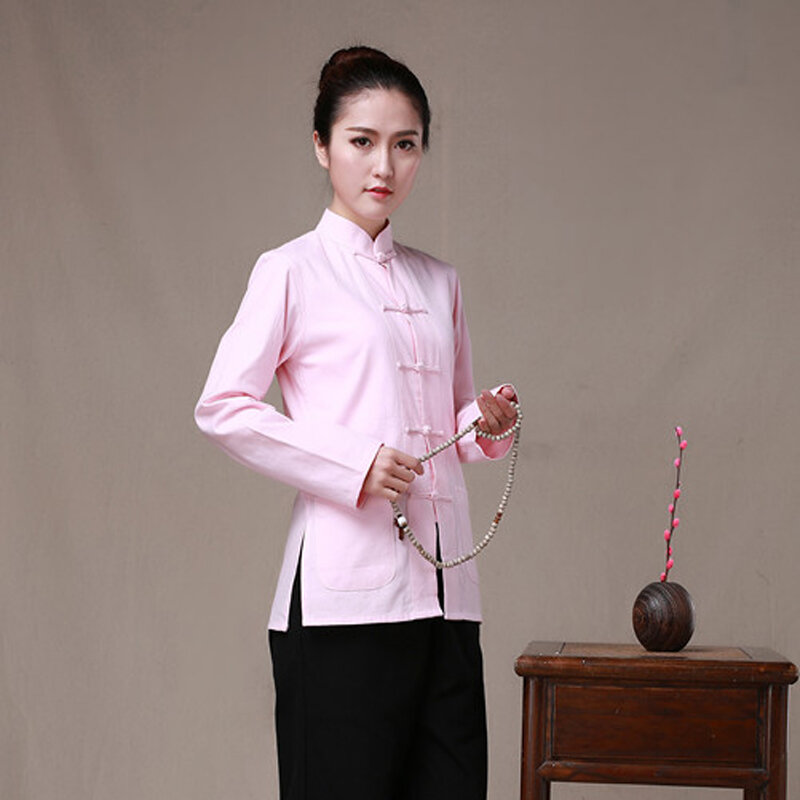 100% Katun Tradisional Cina Solid Tang Setelan Pakaian Wanita Seragam Kung Fu Kemeja Lengan Pendek Blus Camisa Blusa Atasan