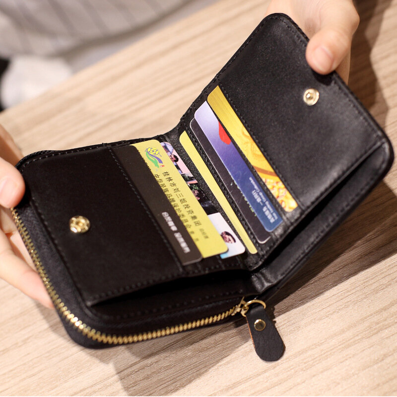 Moda feminina pequena carteira com zíper carteira com bolsa de moedas carteira carteira de couro curto