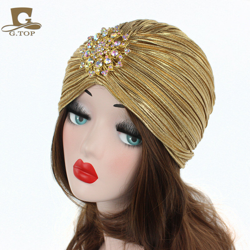 Nova moda senhoras ouro prata diamante jewel turbante chapéus para mulheres quimio bandana hijab plissado boné indiano turbante chapéu