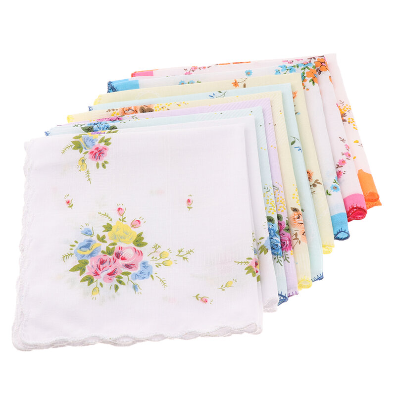 Pañuelo estampado de algodón para mujer, pañuelo de bolsillo cuadrado, diseño de flores con borde ondulado, 10 unidades