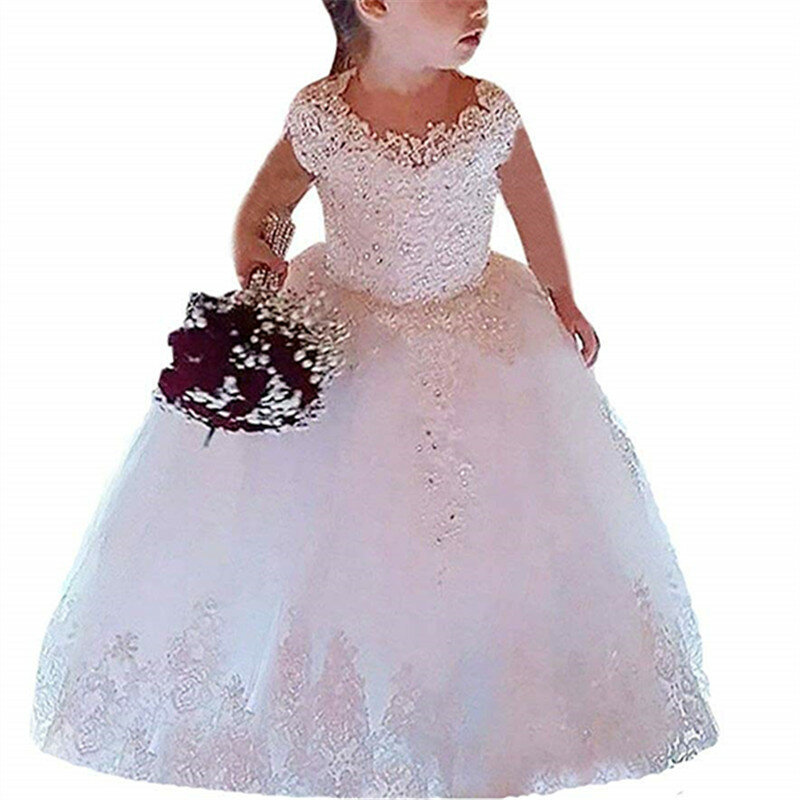 Suknia bez rękawów księżniczka sukienki dla dziewczynek aplikacje z koralikami oszałamiające śliczne dziewczyny pierwsza sukienka komunijna biała