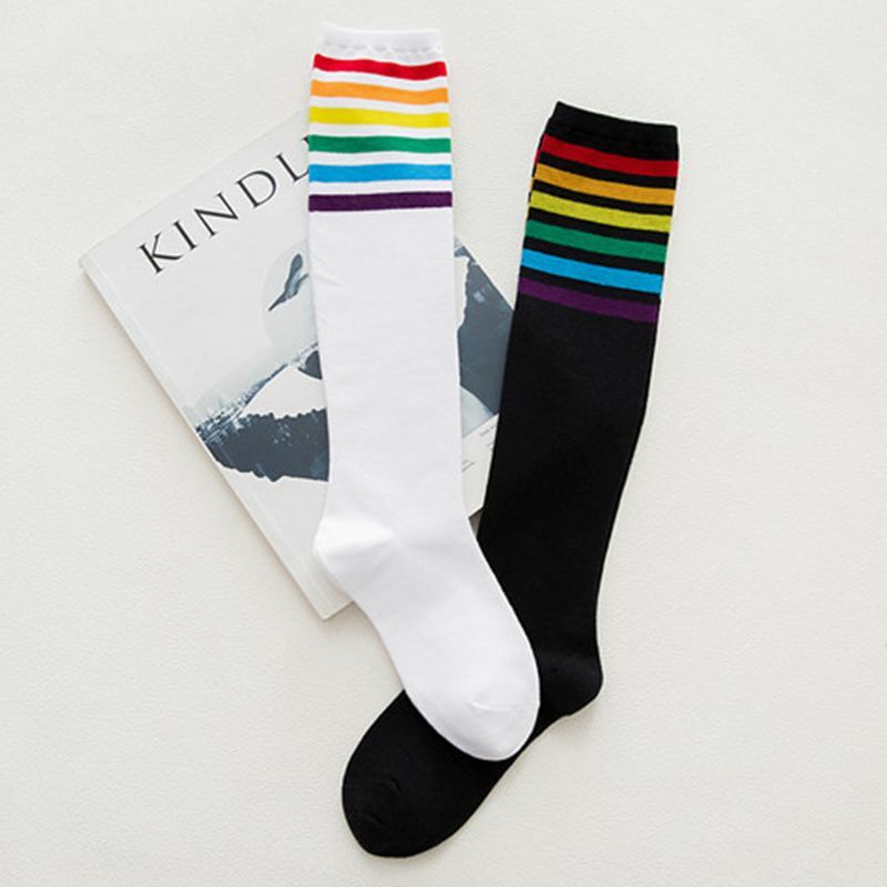 Women Girls Cotton Rainbow Colorful Striped Knee High Socks Autumn Breathable Ribbed Knit Stay Up Sports Tube Hosiery Stockings