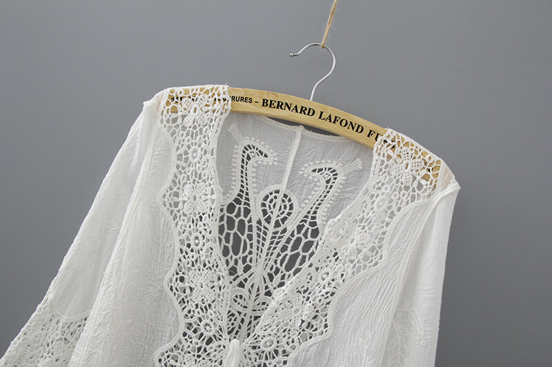 Ажурная белая кружевная блузка-кимоно, летняя Свободная Женская рубашка из 2019 хлопка, модное кимоно с коротким рукавом, кардиган, блузки для женщин 1806