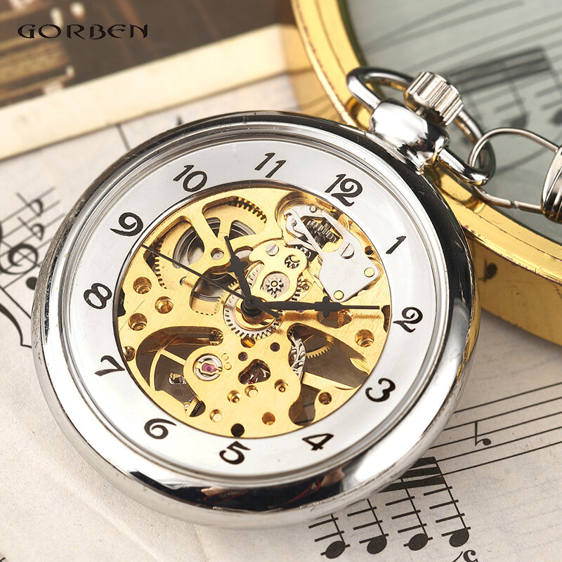 실버 핸드 와인딩 풀 스틸 포켓 시계, 독특한 스켈레톤, 투명 기계식 포켓 시계, 시계 고리 체인, 패션