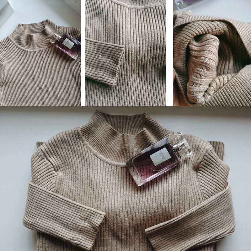 Pulôveres femininos de malha com elasticidade, blusas de tricô, gola alta, quentes, moda casual, outono e inverno, 2018