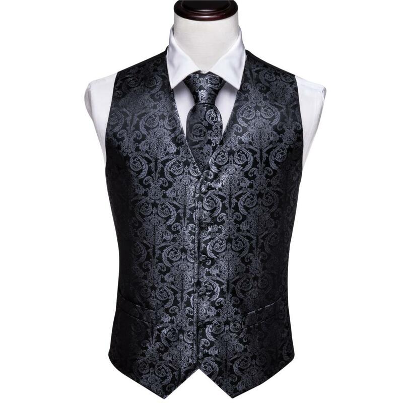 Designer Mens Classic Black Paisley Jacquard Folral gilet di seta gilet fazzoletto cravatta gilet tuta tasca quadrata Set Barry.Wang