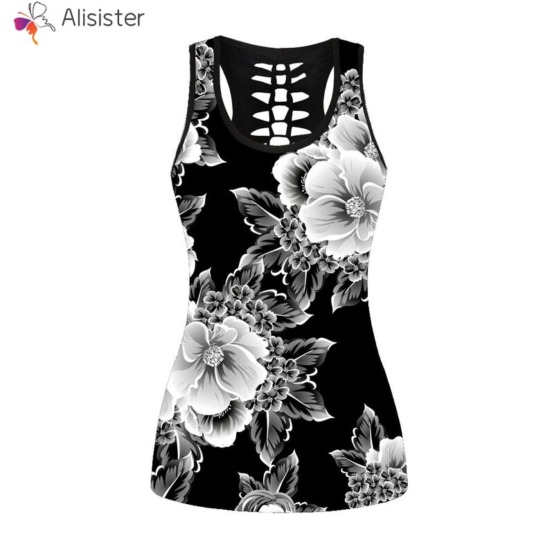 Cool 3d Cat Floral Print Tank Top Women Summer U Neck Hollow Out Backless Slim Tank Vest Harajuku Casual Fitness Tops Plus Size