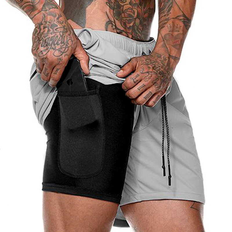 Мужские шорты для бега 2 в 1 мужские спортивные шорты быстросохнущие тренировочные шорты для бега, велосипедные шорты со встроенным кармано...