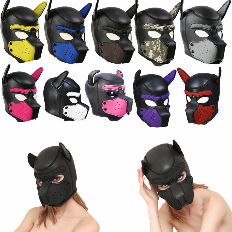 Padded Latex Rubber Role Play Dog Mask Puppy Cosplay Full Head+Ears 10 Colors
