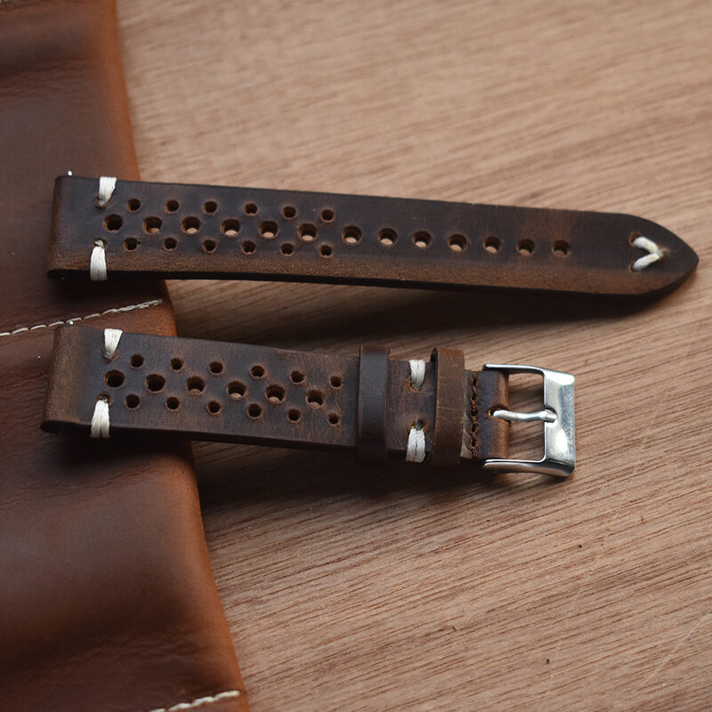 Correia de relógio Hand Made Suede Bezerro perfurado, pulseira de couro retro, pulseira costurada à mão, 18mm, 20mm, 22mm