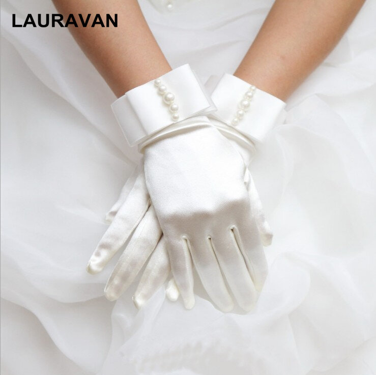 Neue Mode-Stretch-Satin Kurze Perle Handschuhe für Frauen/Abend Party Handgelenk Handschuhe Frauen/Mode Bekleidung Zubehör für dame