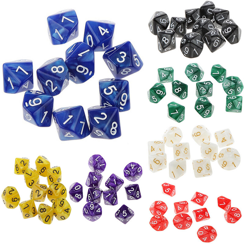 Mayitr Transparent 10Pcs D10 Ten Sided Pearl Gemmed Dices Die (0-9) forRPG For DDG Set of 10 Dice Playing Games