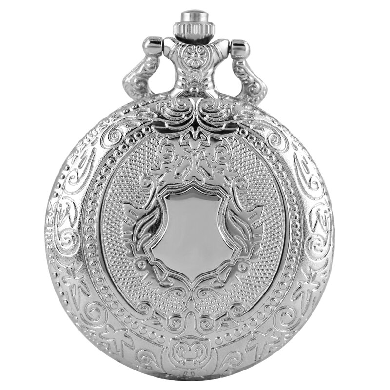 Jam Tangan Saku Quartz Pola Mahkota Perisai Perak Mewah Mode Kalung Liontin Rantai Perhiasan Hadiah Jam Steampunk untuk Pria Wanita
