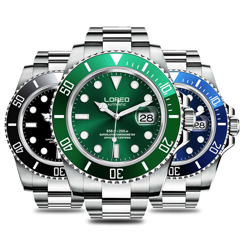 2019 جديد 20bar ساعة غوص التلقائي العلامة التجارية الفاخرة لوريو الياقوت ساعة ميكانيكية الرجال التقويم مضيئة المياه شبح الأخضر ساعة