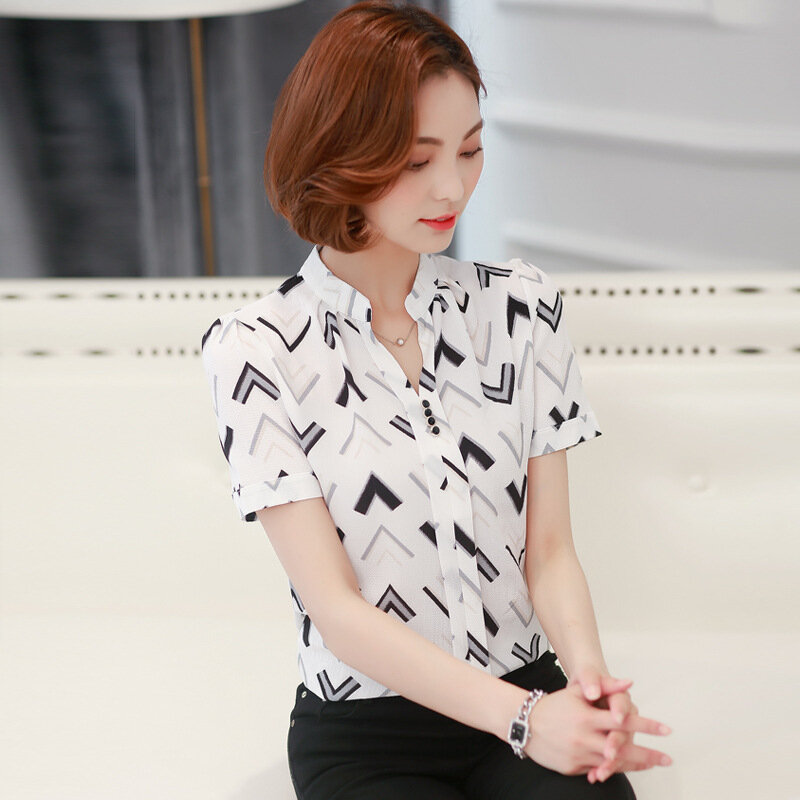 Z krótkim rękawem szyfonowa bluzka kobiety lato V kołnierz luźne modne drukowane na dole koszula panie biurowe pracy Top odzież h9023