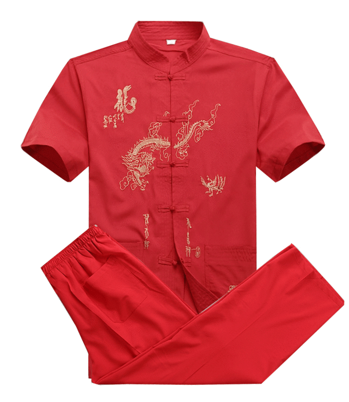 Chinese Men Cotton Kung Fu Suit Embroidery  Wu Shu Uniform Tai Chi Clothing Short Sleeve Shirt+Pant M L XL XXL XXXL MS013