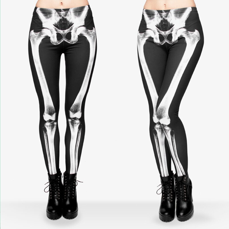 FCCEXIO-Leggings con estampado 3D de huesos negros para mujer, pantalones de cintura alta, Sexy, informal, Punk, Rock, Fitness