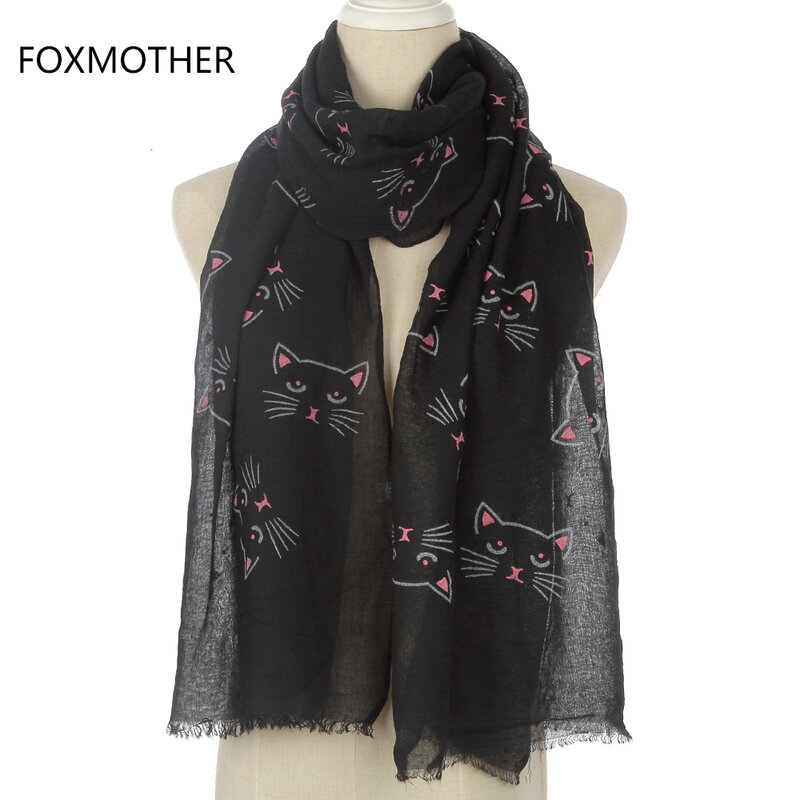 FOXMOTHER-bufanda larga con estampado de gato para mujer, bufanda bonita a la moda, color negro, gris y Beige, novedad