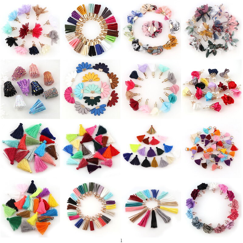 Lot de 10 à 30 pièces de pendentifs en soie pour la fabrication de bijoux, polyester, pendants, diy bricolage, boucle d'oreille, fleur, pampilles mixtes, forme de goutte
