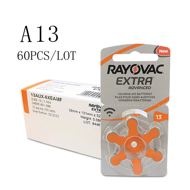 60 pièces Rayovac Supplémentaire D'air de Zinc Piles Auditives A13 13A 13 P13 PR48 Pile pour Appareil Auditif A13 pour Prothèses Auditives